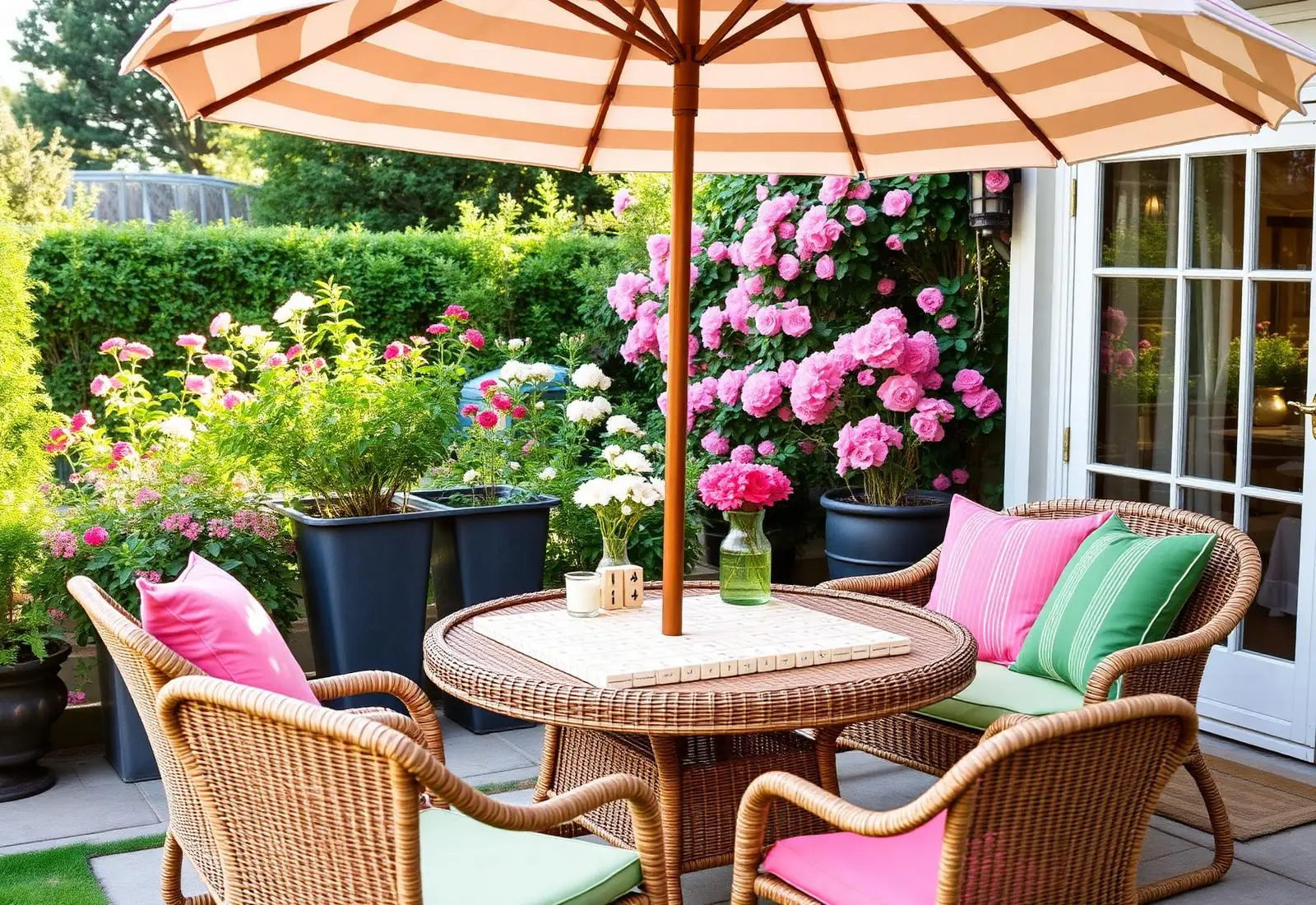 A flower-filled garden room set for mahjong