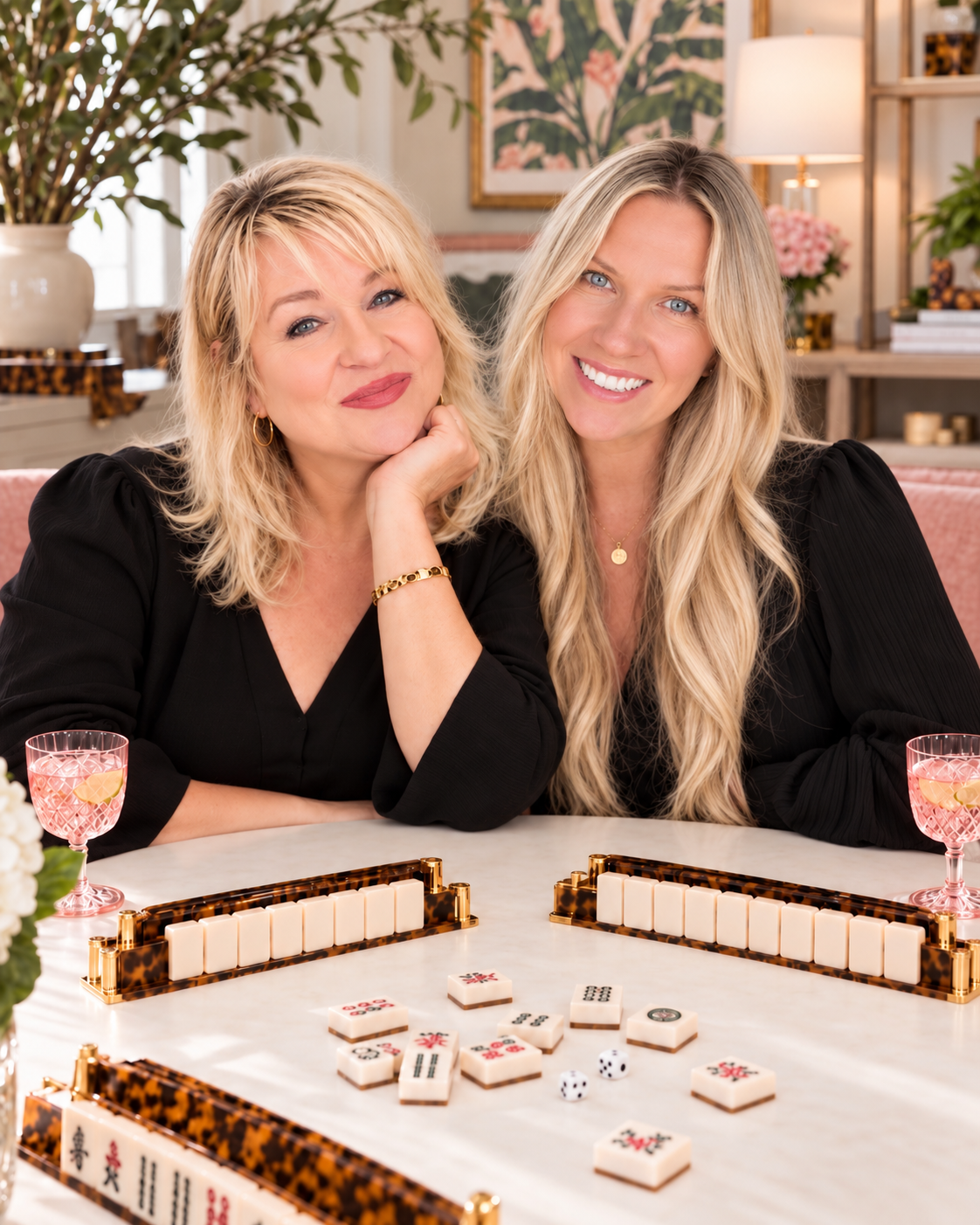 Stacy and Nathalie, founders of Villa Mahj, at a mahjong table