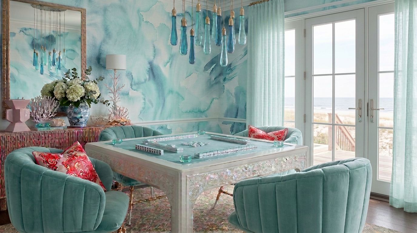 High Tide Society with coastal blue watercolor wallpaper, a white lacquered mahjong table, blue velvet chairs and blue glass chandelier