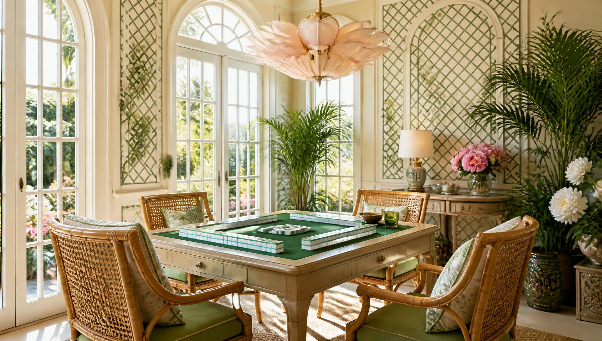 Garden Party mahjong room with rattan chairs, trellis wallpaper and a petal chandelier