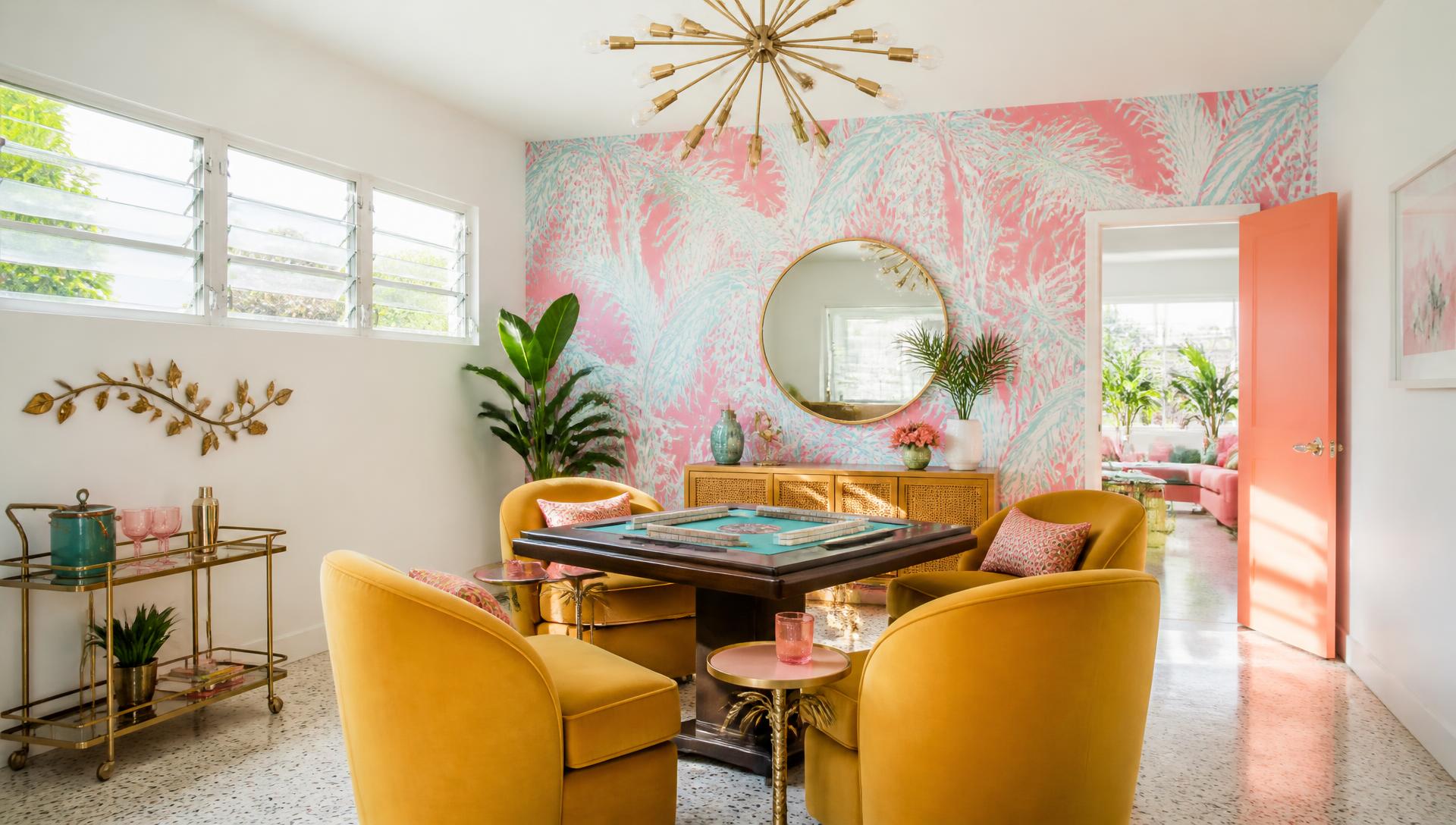 Palm Springs playroom with palm-print wallpaper, marigold swivel chairs and a mahjong table