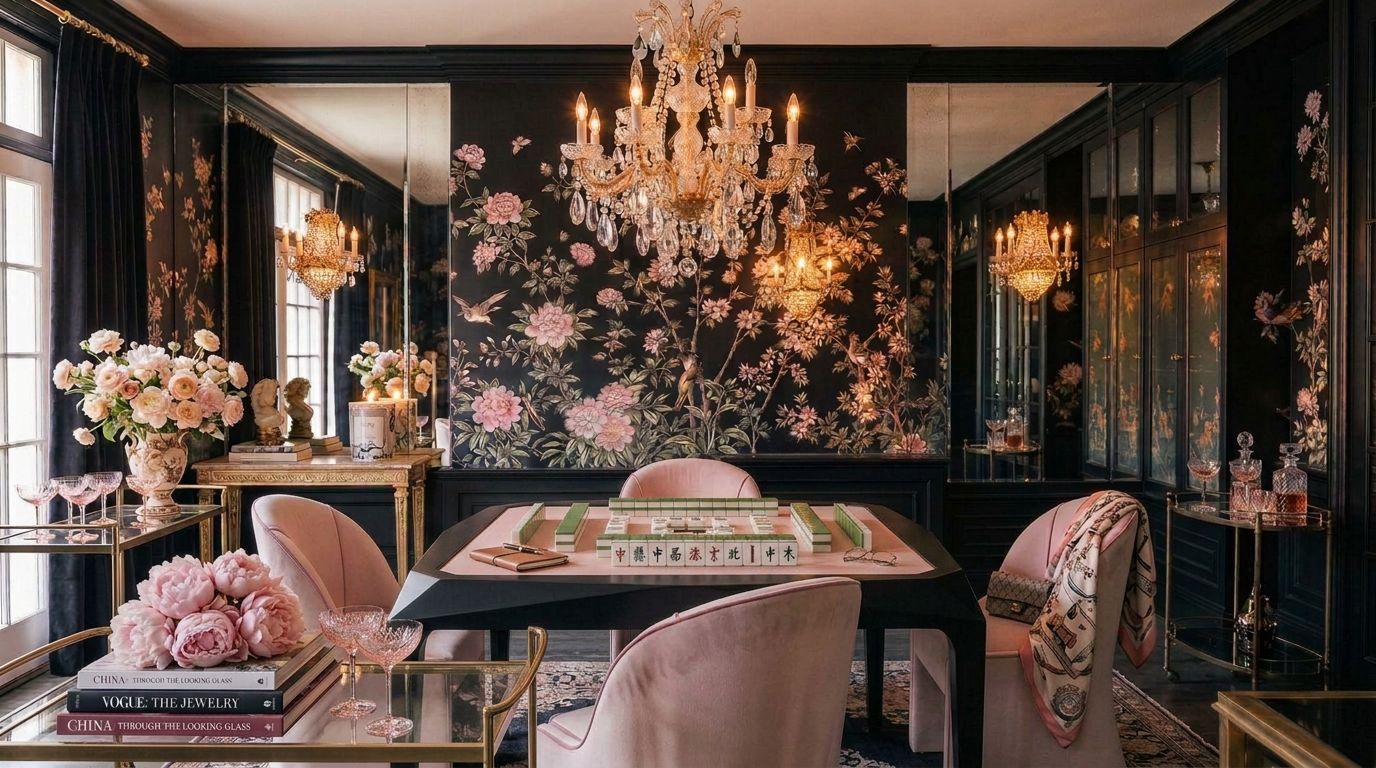 Dark moody mahjong room with black floral mural wallpaper, crystal chandeliers, blush velvet chairs and a glossy black table with pink detail mid-game